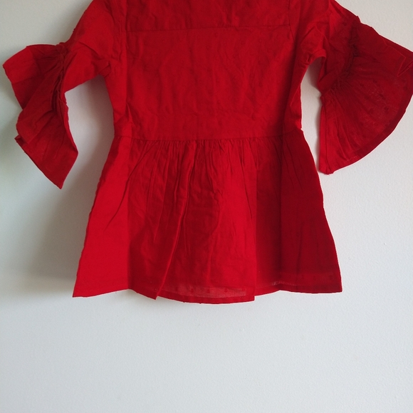 Red Swiss Dot Ruffle-Sleeve Shirt Dress - - Picture 5 of 9